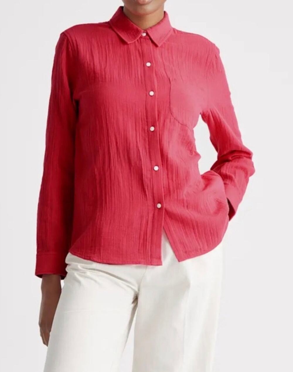 Quince Organic Cotton Gauze Long Sleeve Button Down Shirt Hot Pink Small